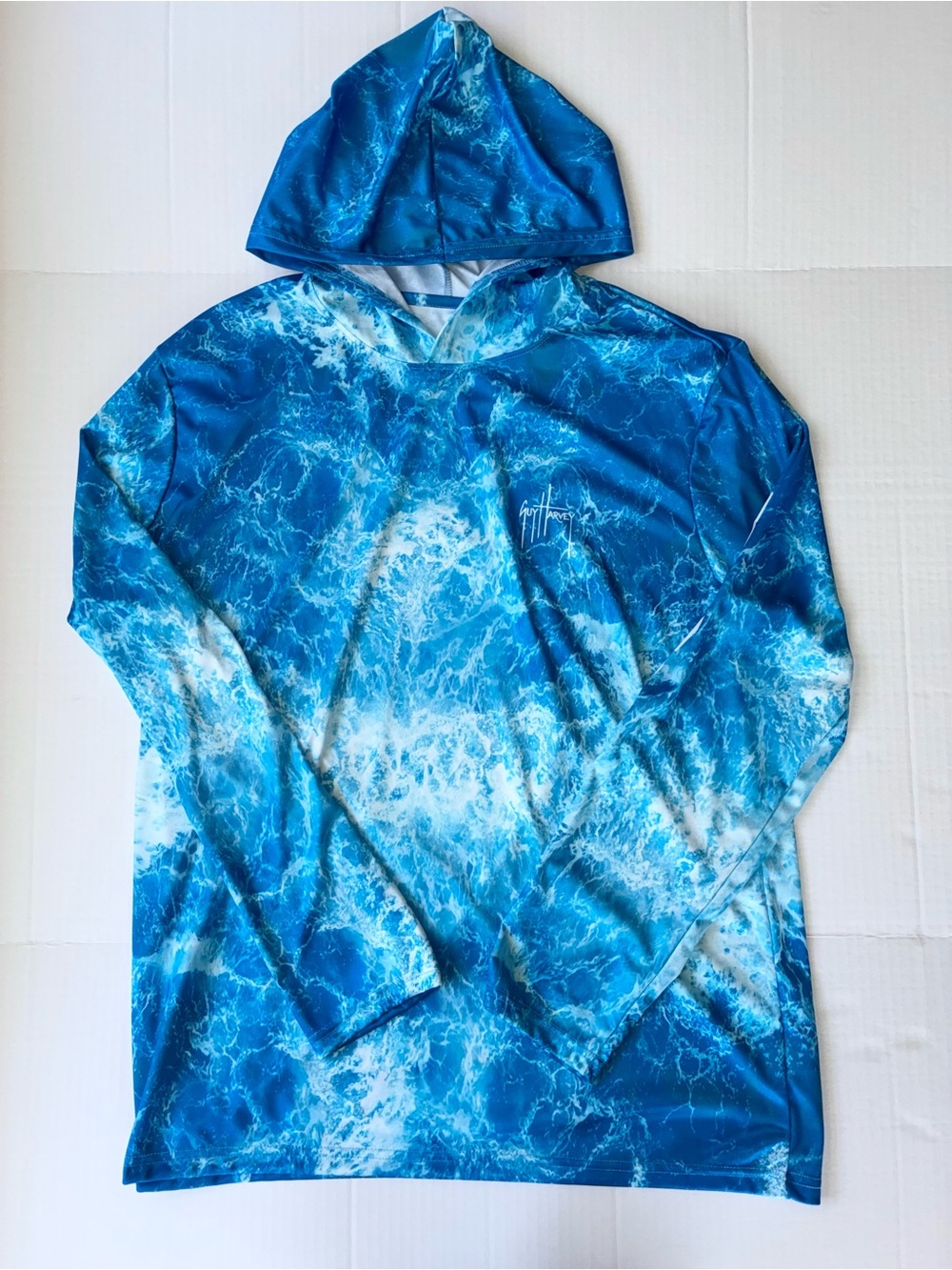 Guy Harvey Men’s Hooded Long Sleeve Fishing Sun Shirt Size XL Blue Waves